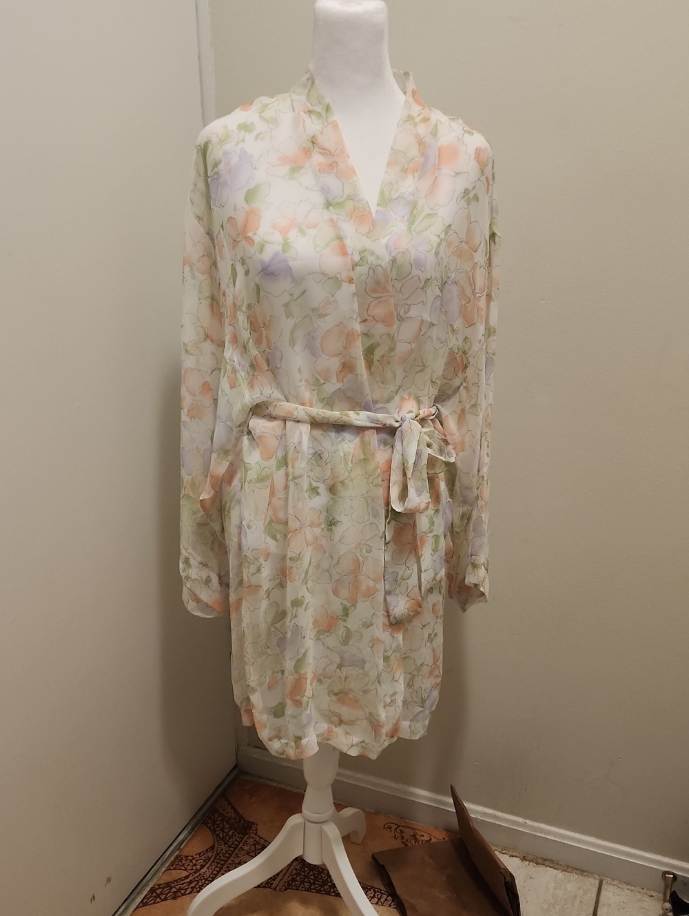 Vintage Sheer Floral Wrap Kimono with Belt - Pastel Peach & Green & Lavender
